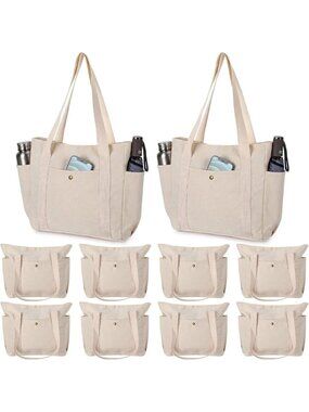 Reusable White Canvas Tote Bags - 10 Pcs Zippered Shoulder Handbags for Work